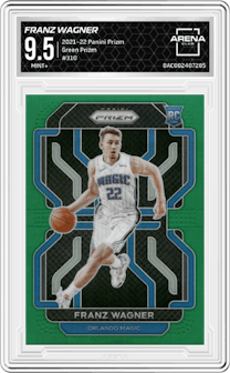 Franz Wagner from the 2021-22 Panini Prizm  set featuring a Green Prizm parallel graded by Arena Club and given an overall grade of 9.5.