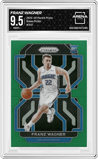 Franz Wagner from the 2021-22 Panini Prizm  set featuring a Green Prizm parallel graded by Arena Club and given an overall grade of 9.5.