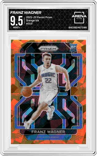 Franz Wagner from the 2021-22 Panini Prizm  set featuring a Orange Ice parallel graded by Arena Club and given an overall grade of 9.5.