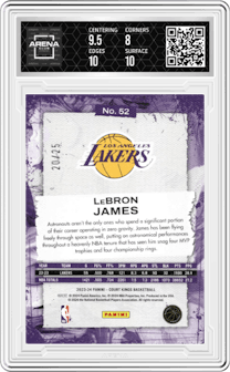 LeBron James  from the 2023-24 Panini Court Kings set featuring a Jade parallel graded by Arena Club and given an overall grade of 8.5.