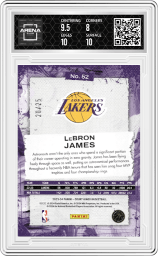 LeBron James  from the 2023-24 Panini Court Kings set featuring a Jade parallel graded by Arena Club and given an overall grade of 8.5.