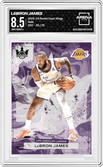 LeBron James  from the 2023-24 Panini Court Kings set featuring a Jade parallel graded by Arena Club and given an overall grade of 8.5.