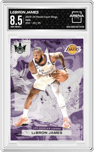 LeBron James  from the 2023-24 Panini Court Kings set featuring a Jade parallel graded by Arena Club and given an overall grade of 8.5.