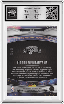 Victor Wembanyama  from the 2024-25 Panini Prizm set featuring a Orange parallel graded by Arena Club and given an overall grade of 10.