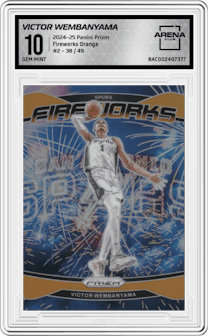 Victor Wembanyama  from the 2024-25 Panini Prizm set featuring a Orange parallel graded by Arena Club and given an overall grade of 10.