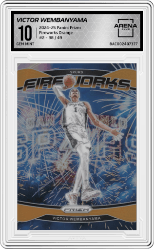 Victor Wembanyama  from the 2024-25 Panini Prizm set featuring a Orange parallel graded by Arena Club and given an overall grade of 10.