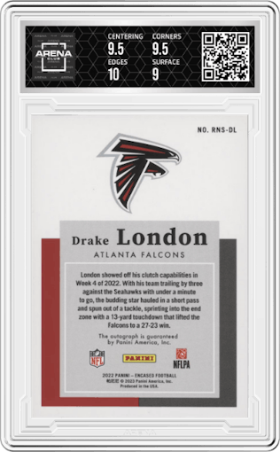 Drake London from the 2022 Panini Encased set graded by Arena Club and given an overall grade of 9.5.