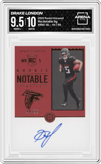 Drake London from the 2022 Panini Encased set graded by Arena Club and given an overall grade of 9.5.