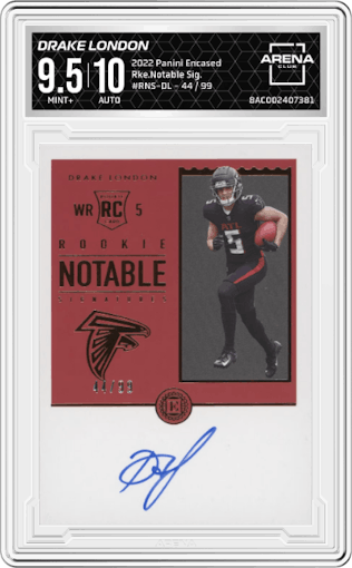 Drake London from the 2022 Panini Encased set graded by Arena Club and given an overall grade of 9.5.