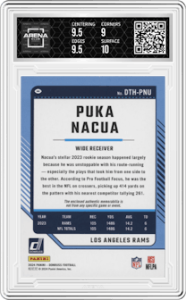 Puka Nacua from the 2024 Donruss set graded by Arena Club and given an overall grade of 9.5.