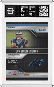 Jonathon Brooks from the 2024 Panini Prizm set featuring a Neon Green Pulsar parallel graded by Arena Club and given an overall grade of 9.5.