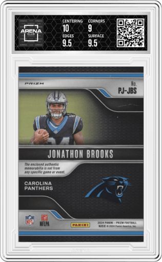 Jonathon Brooks from the 2024 Panini Prizm set featuring a Neon Green Pulsar parallel graded by Arena Club and given an overall grade of 9.5.