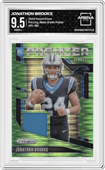 Jonathon Brooks from the 2024 Panini Prizm set featuring a Neon Green Pulsar parallel graded by Arena Club and given an overall grade of 9.5.
