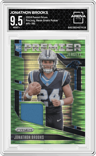 Jonathon Brooks from the 2024 Panini Prizm set featuring a Neon Green Pulsar parallel graded by Arena Club and given an overall grade of 9.5.