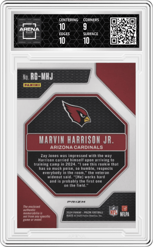 Marvin Harrison Jr. from the 2024 Panini Prizm set featuring a Neon Green Pulsar parallel graded by Arena Club and given an overall grade of 9.5.