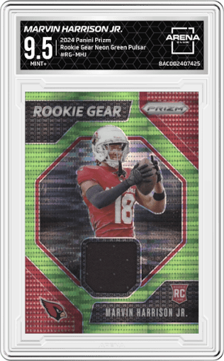 Marvin Harrison Jr. from the 2024 Panini Prizm set featuring a Neon Green Pulsar parallel graded by Arena Club and given an overall grade of 9.5.