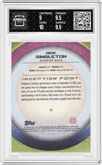 Nick Singleton from the 2022-23 Bowman University Inception set featuring a Gold Foil V1 parallel graded by Arena Club and given an overall grade of 9.5.