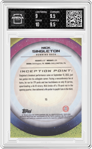 Nick Singleton from the 2022-23 Bowman University Inception set featuring a Gold Foil V1 parallel graded by Arena Club and given an overall grade of 9.5.