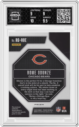 Rome Odunze from the 2024 Panini Prizm set graded by Arena Club and given an overall grade of 9.5.