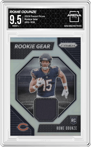 Rome Odunze from the 2024 Panini Prizm set graded by Arena Club and given an overall grade of 9.5.
