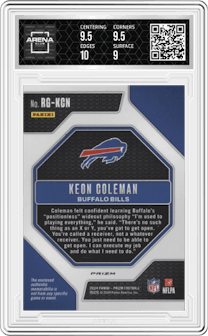 Keon Coleman from the 2024 Panini Prizm set featuring a Neon Green Pulsar parallel graded by Arena Club and given an overall grade of 9.5.