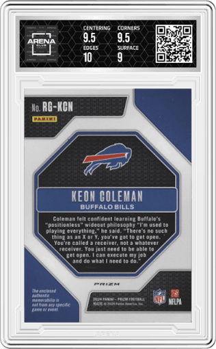 Keon Coleman from the 2024 Panini Prizm set featuring a Neon Green Pulsar parallel graded by Arena Club and given an overall grade of 9.5.