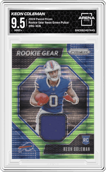 Keon Coleman from the 2024 Panini Prizm set featuring a Neon Green Pulsar parallel graded by Arena Club and given an overall grade of 9.5.