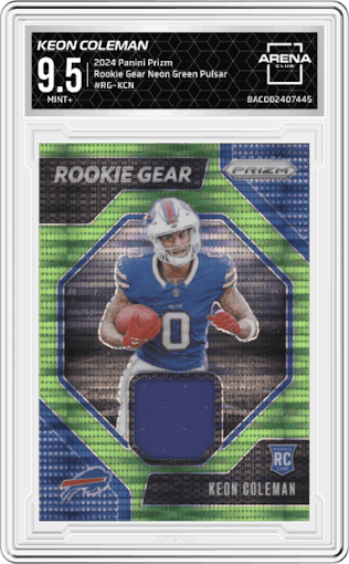 Keon Coleman from the 2024 Panini Prizm set featuring a Neon Green Pulsar parallel graded by Arena Club and given an overall grade of 9.5.