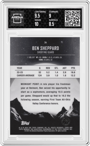 Ben Sheppard from the 2023-24 Topps Midnight set graded by Arena Club and given an overall grade of 9.