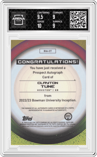 Clayton Tune from the 2022-23 Bowman University Inception set graded by Arena Club and given an overall grade of 9.5.
