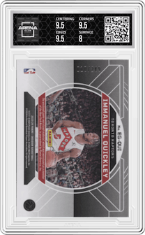 Immanuel Quickley from the 2023-24 Panini Obsidian set graded by Arena Club and given an overall grade of 8.5.