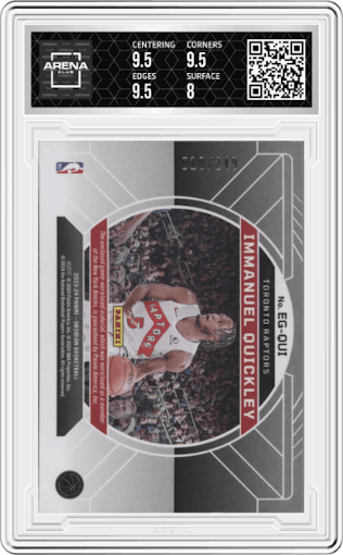 Immanuel Quickley from the 2023-24 Panini Obsidian set graded by Arena Club and given an overall grade of 8.5.