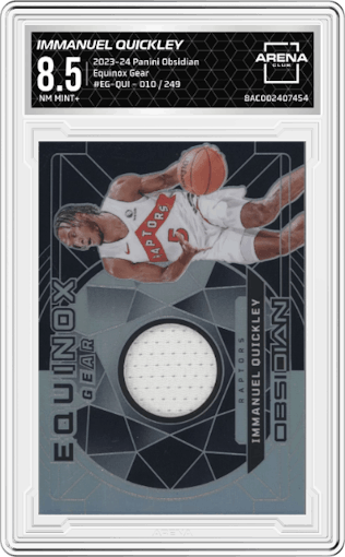 Immanuel Quickley from the 2023-24 Panini Obsidian set graded by Arena Club and given an overall grade of 8.5.