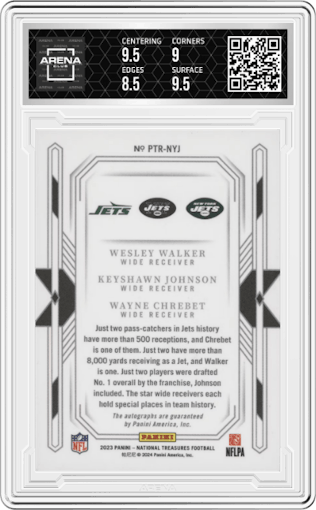 Wesley Walker/Keyshawn Johnson/Wayne Chrebet from the 2023 Panini National Treasures set graded by Arena Club and given an overall grade of 9.