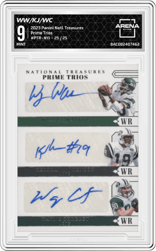 Wesley Walker/Keyshawn Johnson/Wayne Chrebet from the 2023 Panini National Treasures set graded by Arena Club and given an overall grade of 9.