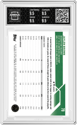 Jaylen Brown from the 2023-24 Topps Chrome Sapphire set graded by Arena Club and given an overall grade of 9.5.