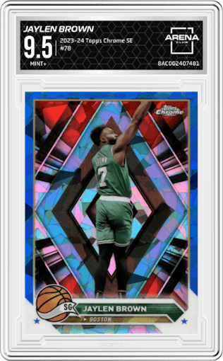 Jaylen Brown from the 2023-24 Topps Chrome Sapphire set graded by Arena Club and given an overall grade of 9.5.