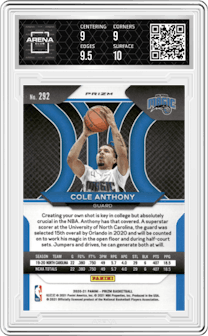 Cole Anthony from the 2020-21 Panini Prizm set featuring a Red/White/Blue Prizm parallel graded by Arena Club and given an overall grade of 9.5.