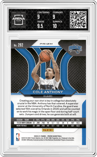 Cole Anthony from the 2020-21 Panini Prizm set featuring a Red/White/Blue Prizm parallel graded by Arena Club and given an overall grade of 9.5.