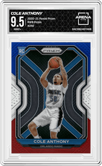 Cole Anthony from the 2020-21 Panini Prizm set featuring a Red/White/Blue Prizm parallel graded by Arena Club and given an overall grade of 9.5.