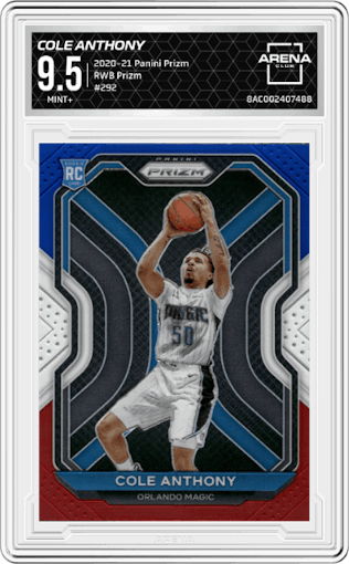 Cole Anthony from the 2020-21 Panini Prizm set featuring a Red/White/Blue Prizm parallel graded by Arena Club and given an overall grade of 9.5.
