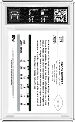 Brock Bowers from the 2024 Topps Chrome set featuring a Refractor parallel graded by Arena Club and given an overall grade of 9.5.