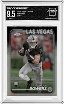 Brock Bowers from the 2024 Topps Chrome set featuring a Refractor parallel graded by Arena Club and given an overall grade of 9.5.