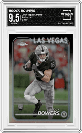 Brock Bowers from the 2024 Topps Chrome set featuring a Refractor parallel graded by Arena Club and given an overall grade of 9.5.