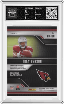 Trey Benson from the 2024 Panini Prizm set graded by Arena Club and given an overall grade of 8.5.