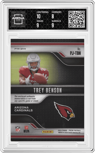 Trey Benson from the 2024 Panini Prizm set graded by Arena Club and given an overall grade of 8.5.