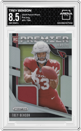 Trey Benson from the 2024 Panini Prizm set graded by Arena Club and given an overall grade of 8.5.