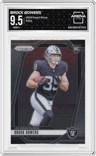 Brock Bowers from the 2024 Panini Prizm set graded by Arena Club and given an overall grade of 9.5.