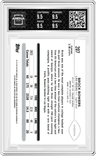 Brock Bowers from the 2024 Topps Chrome set graded by Arena Club and given an overall grade of 9.5.
