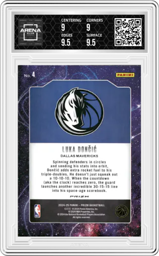 Luka Doncic from the 2024-25 Panini Prizm set featuring a Silver Prizm parallel graded by Arena Club and given an overall grade of 9.5.